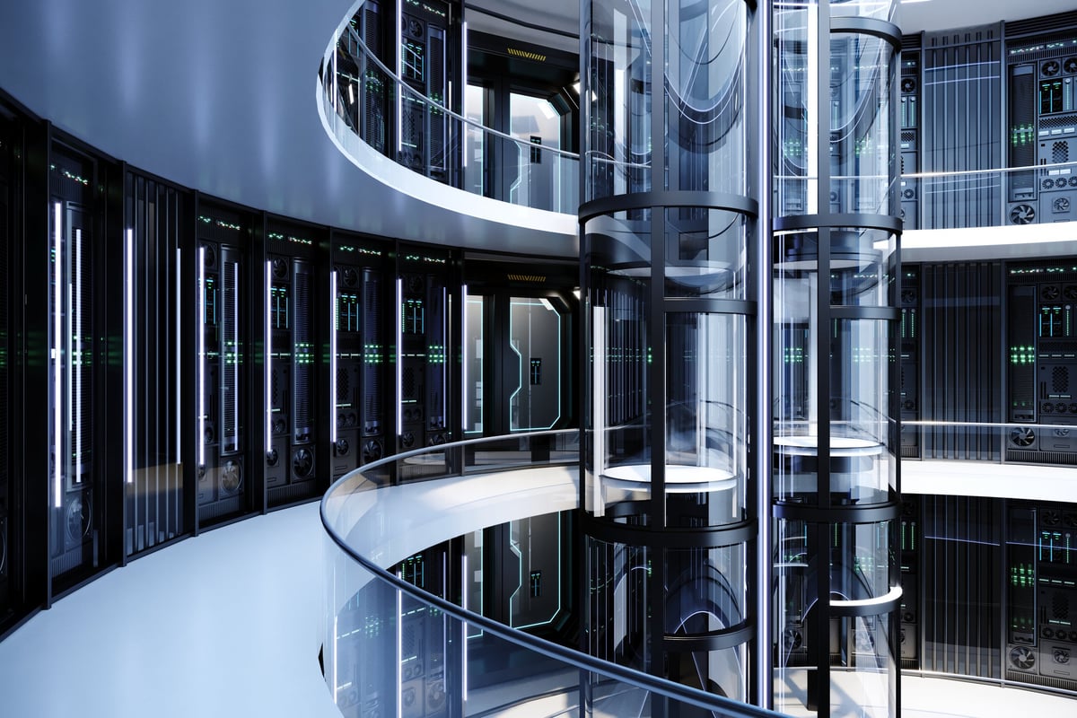 3d illustration. Futuristic Data Center Interior with Modern Server Racks and Curved Architecture