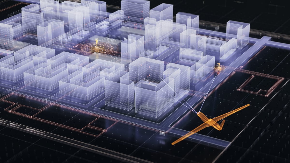 Autonomous drone navigation in smart city environment, real time data collection, connected urban infrastructure, aerial monitoring system, futuristic technology concept, 3d illustration