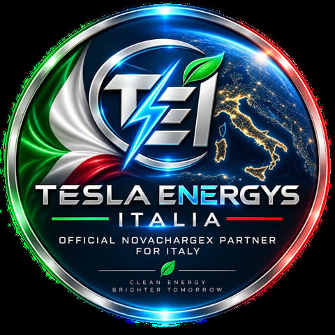 Tesla Energys Italia logo with lightning bolt and leaf symbol, satellite view of Italy, Italian flag colors, Official NovaChargeX Partner